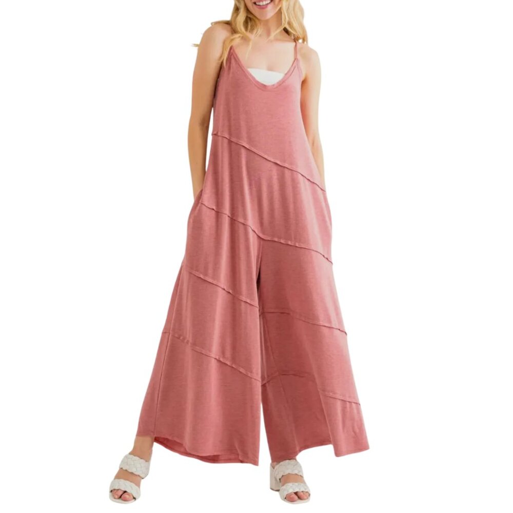 NWOT Ces Femme Womens Pink Sleeveless Wide Leg Jumpsuit Size S Boho Chic Pockets